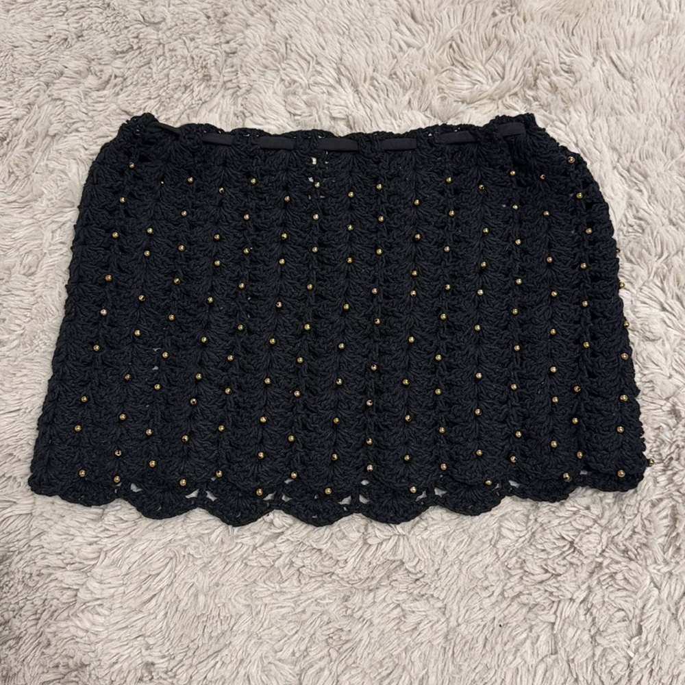Soah Swim Black Crochet Florence Skirt with Embellished Gold Pearl Beads